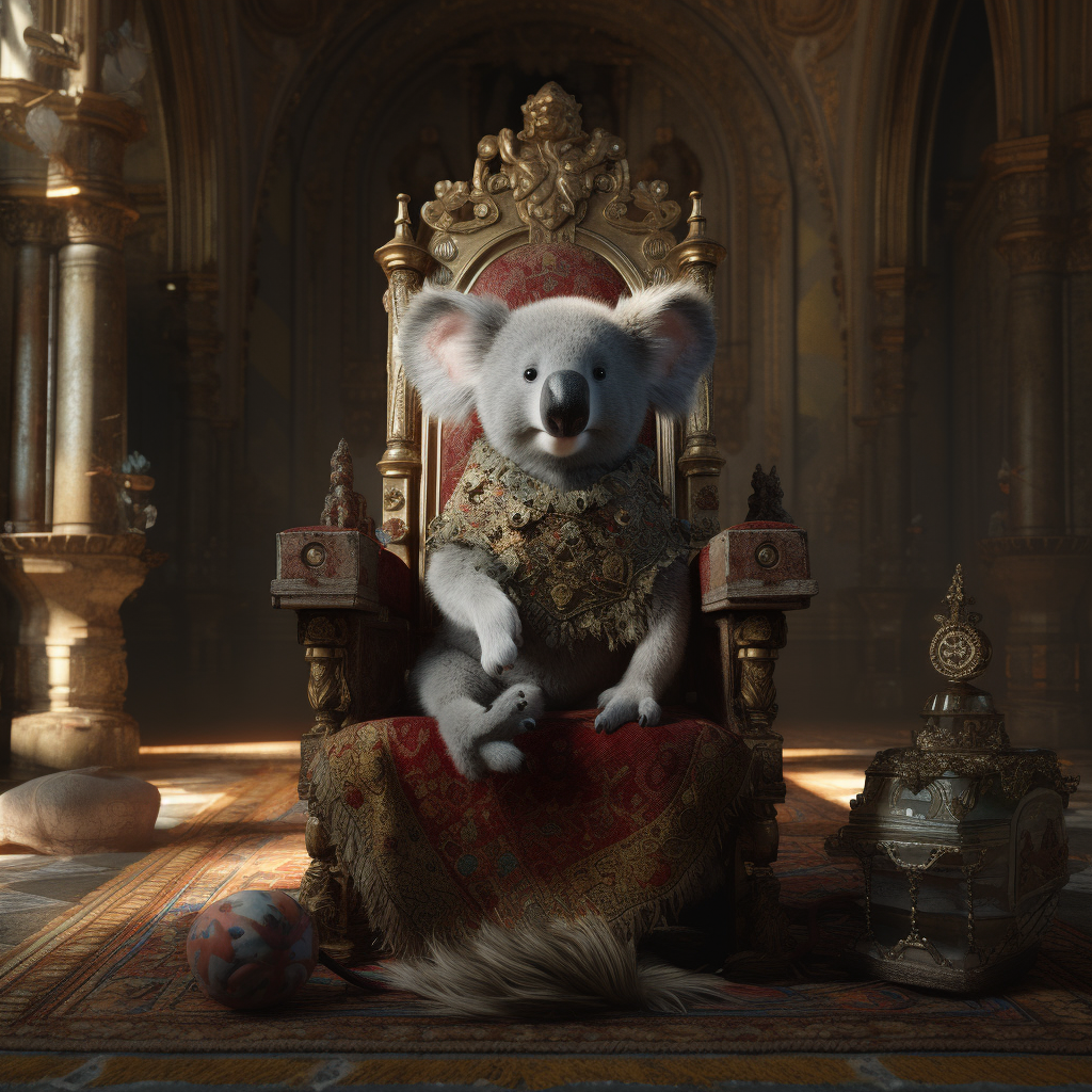 Grey fluffy toy koala on throne