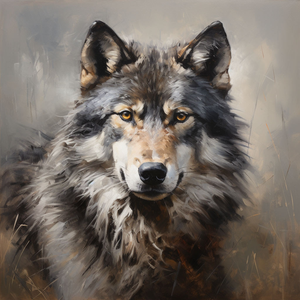 Powerful grey-furred wolf in Max Prentis style