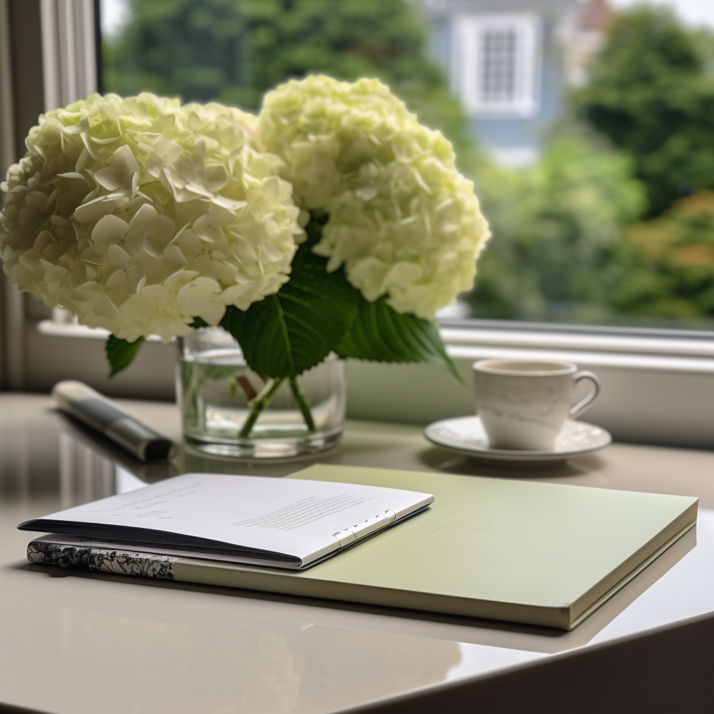 Grey granite desktop with notepad, pen, phone, cappuccino, and hydrangea