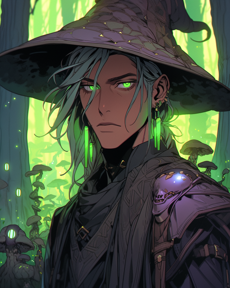 Grey-Haired Male Witch Anticipating in Misty Forest