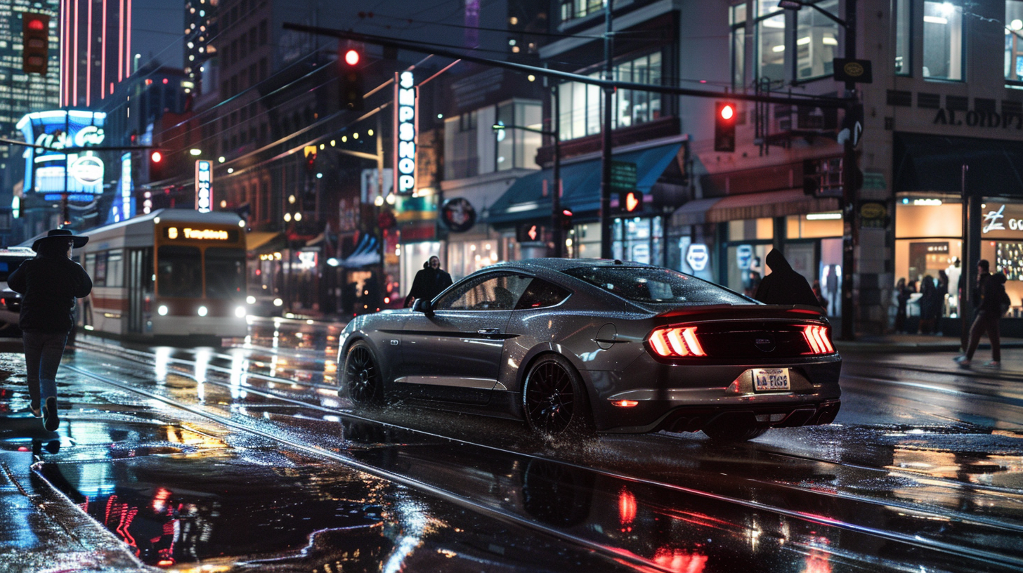 grey mustang drifting night rainstorm