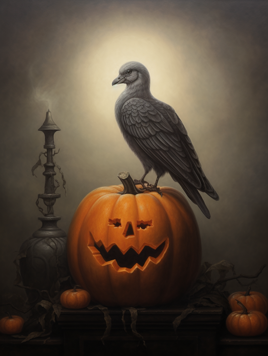 Grey pigeon sitting on jack o' lantern