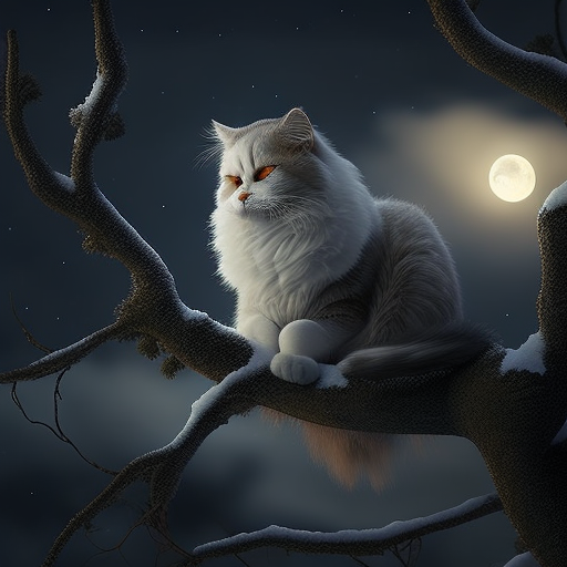 Adorable grey and white cat perched in a tree