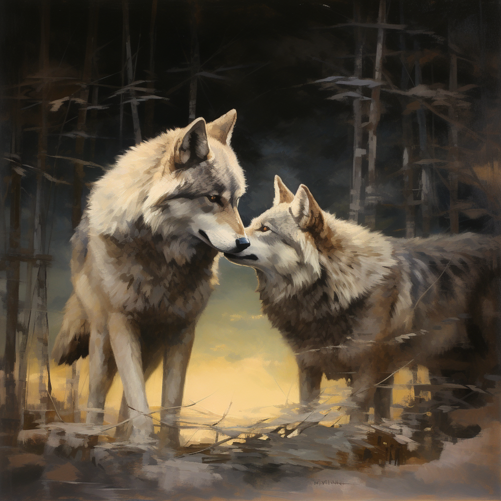 Two Wolves Playing Together at Night