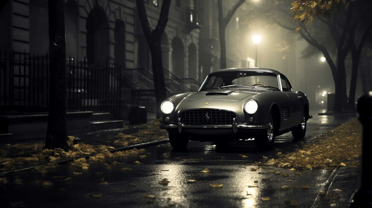 Grey Ferrari 250 GT in Misty Night Street