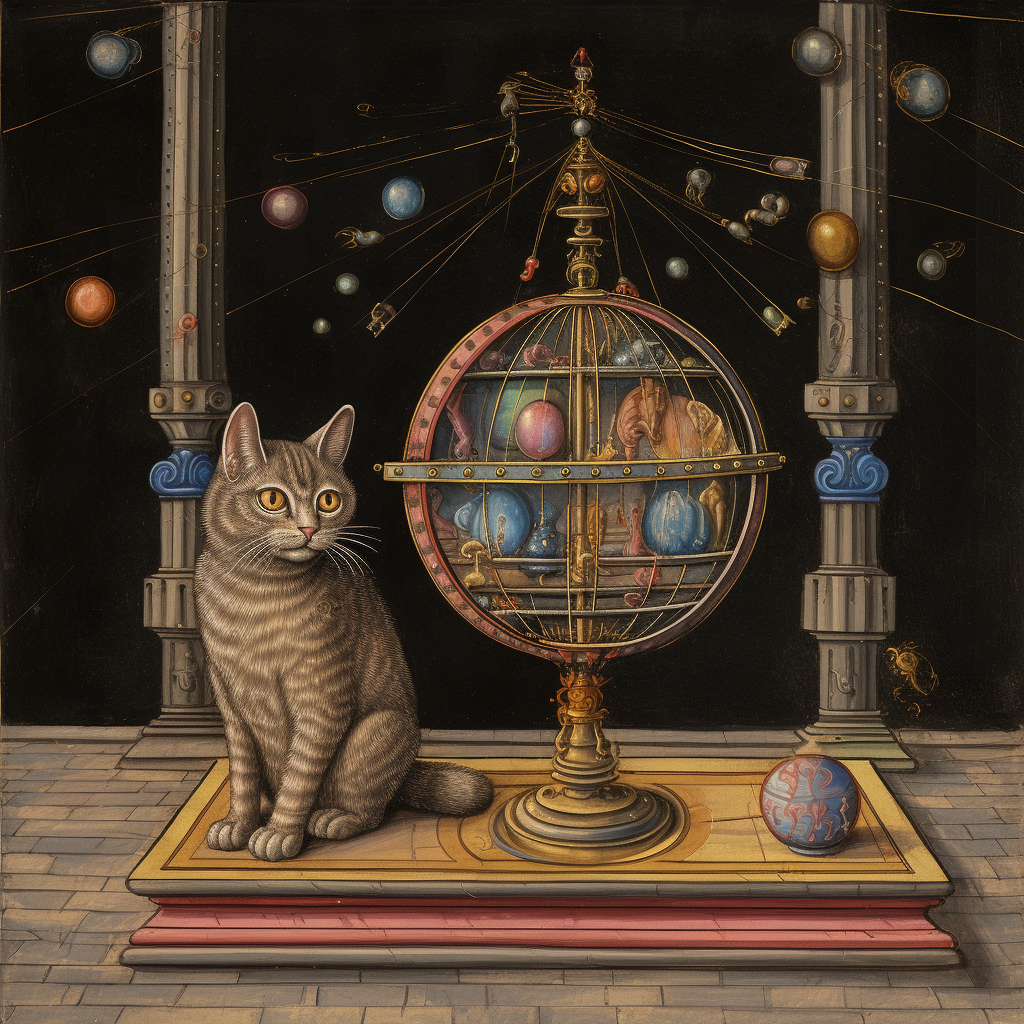 Grey tabby cat mesmerized by gyroscope