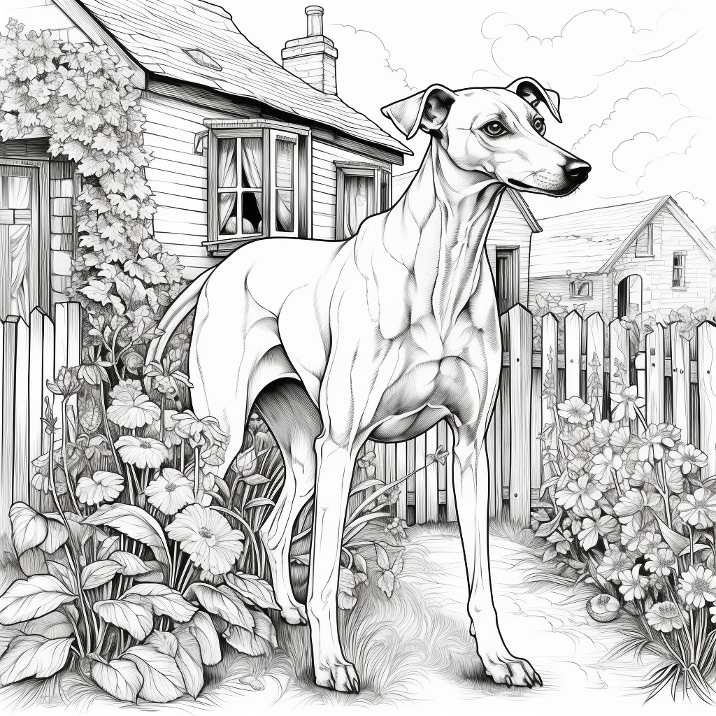 Greyhound in Cottage Line Art