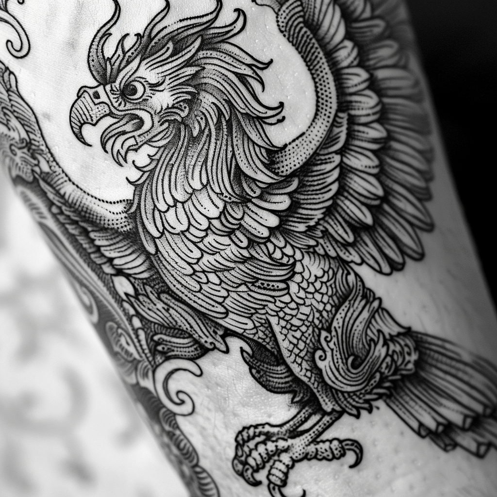 Black and white griffin logo tattoo