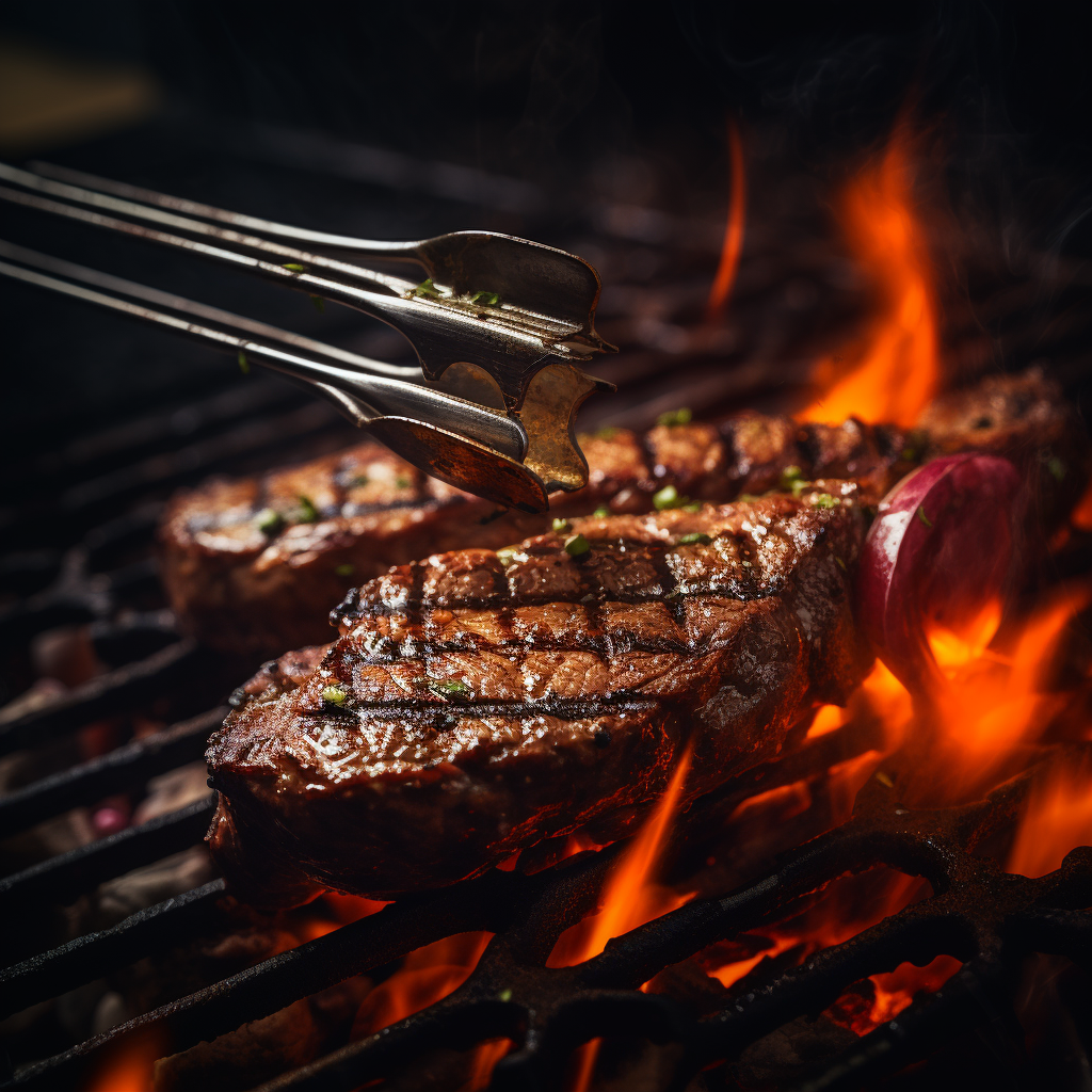 Grill tongs holding a steak over flames