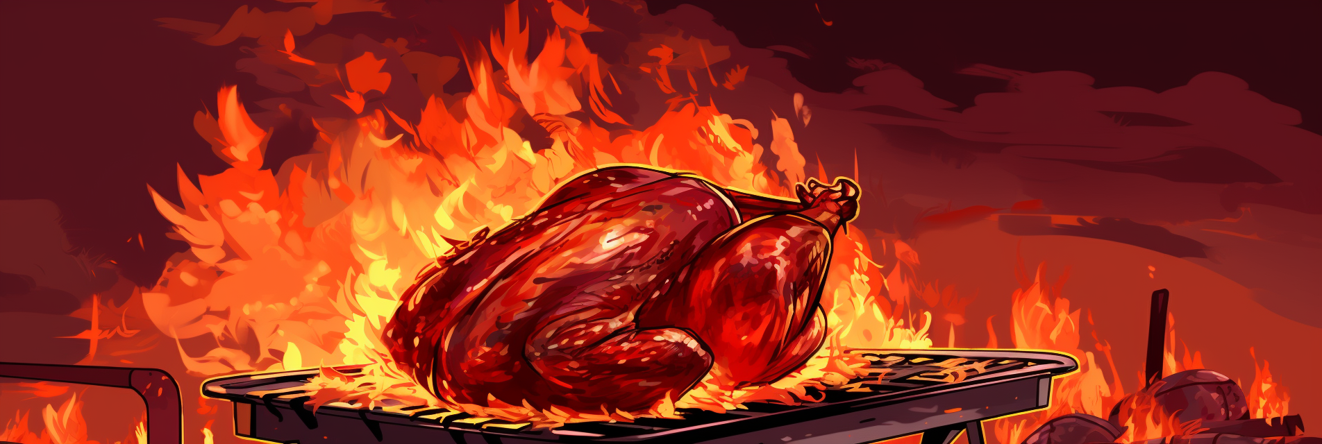 Roasted turkey on a flaming grill