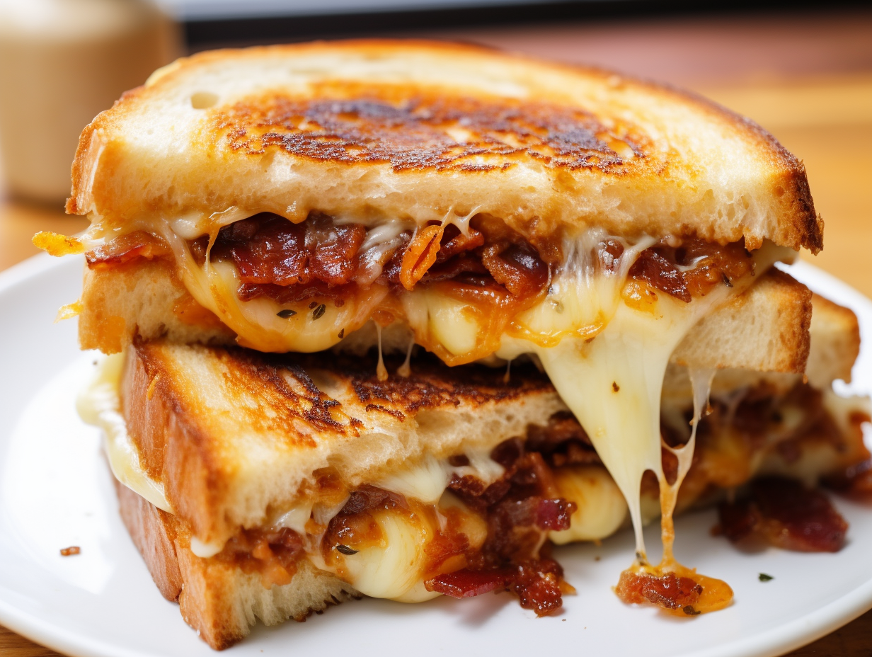 Sourdough cheddar grilled cheese with onions and bacon