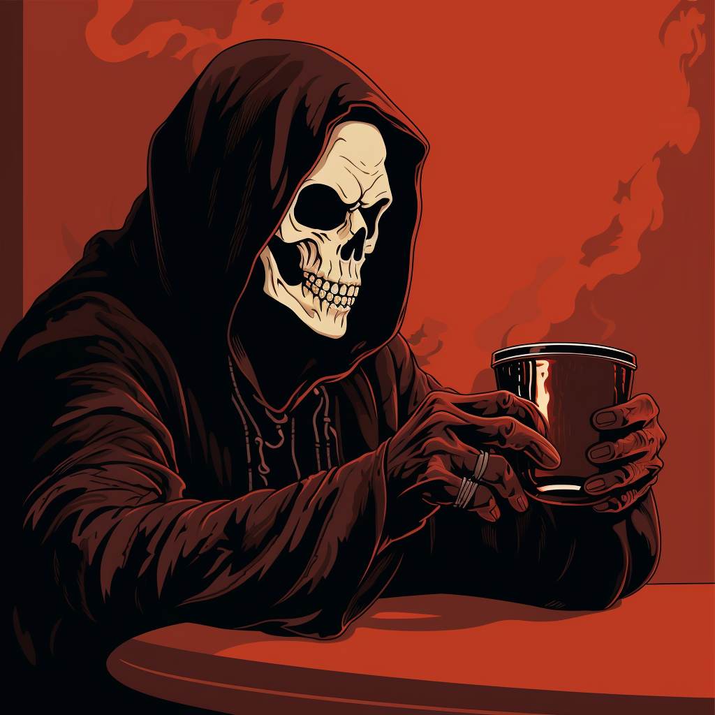 Vector art of the Grim Reaper with coffee