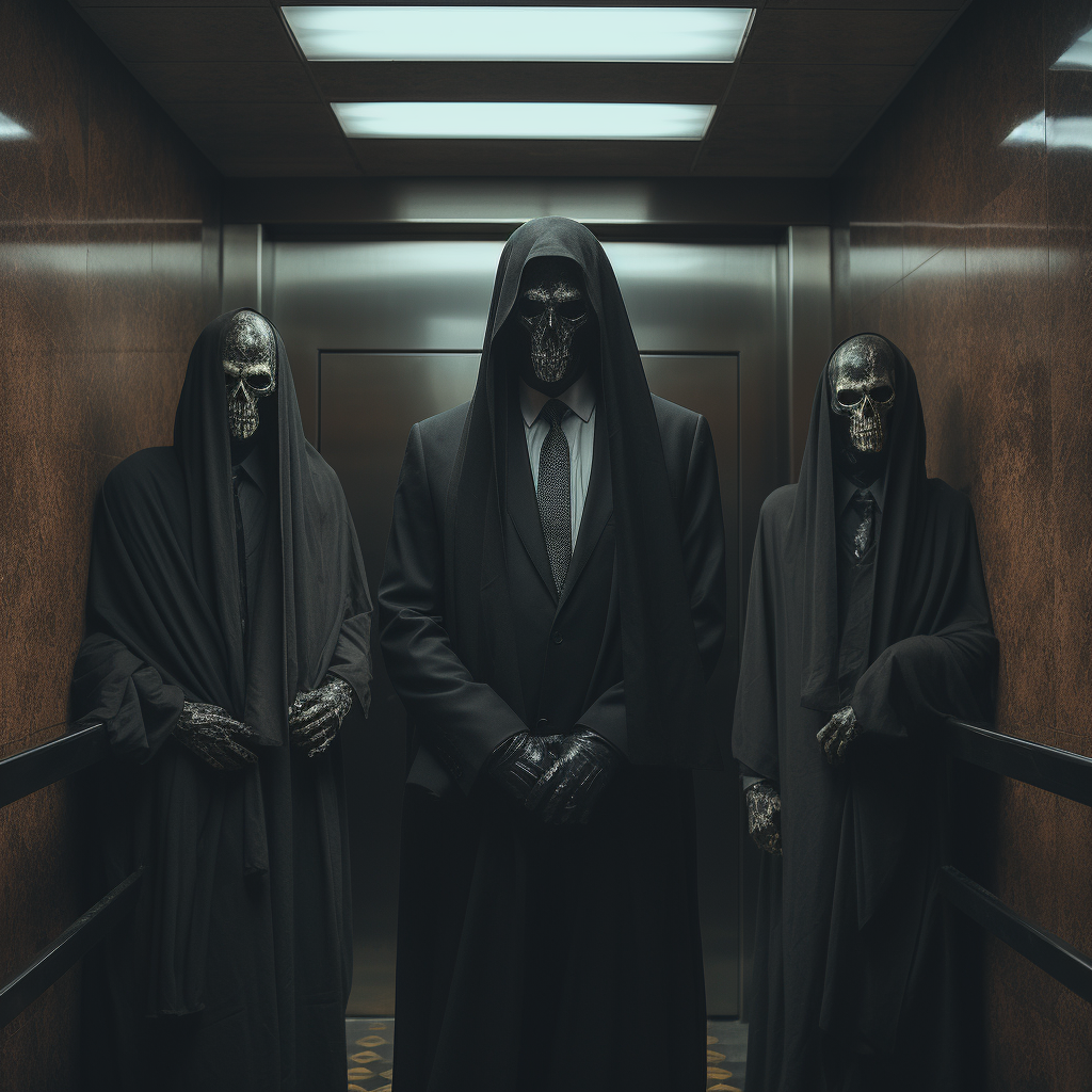 Grim Reaper and 60s Businessmen in Elevator