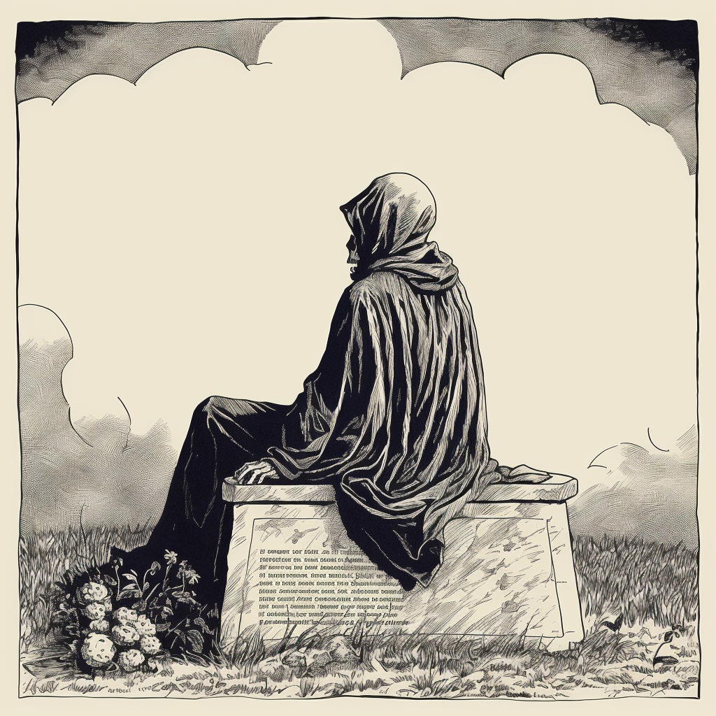 Pen and Ink Drawing of Grim Reaper on Headstone