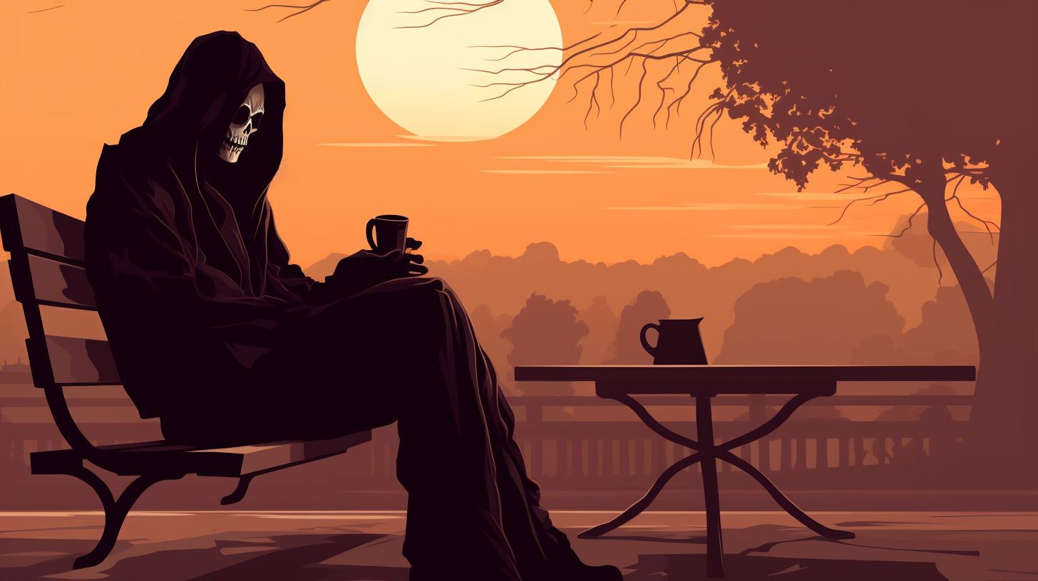 Grim Reaper Relaxing with Coffee