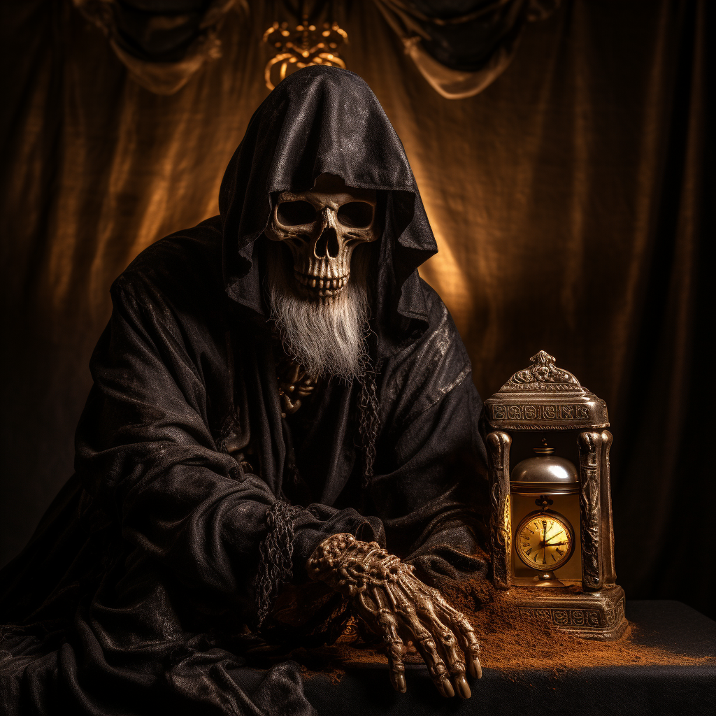 Grim reaper holding hourglass in portrait pose