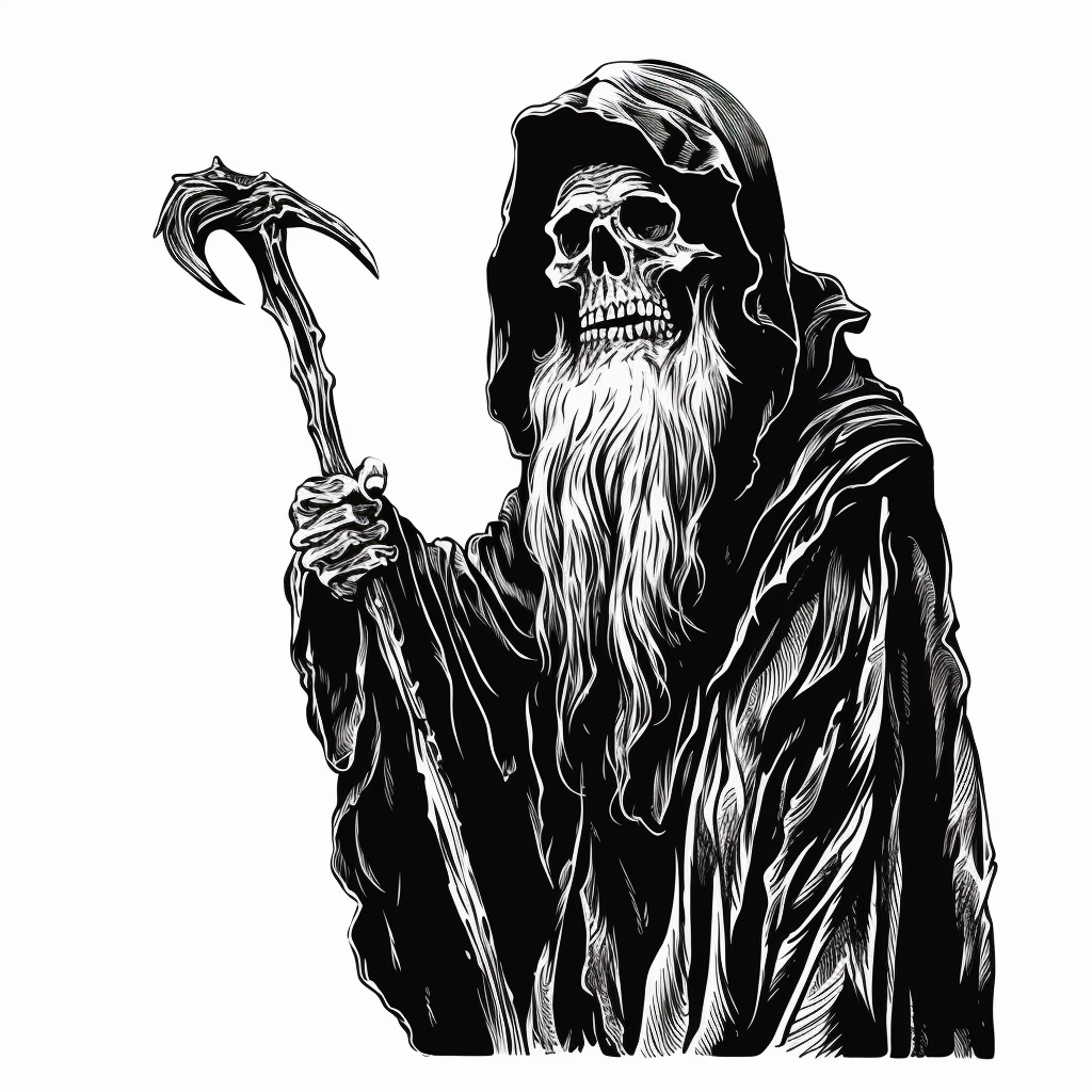 Grim reaper wizard in black and white