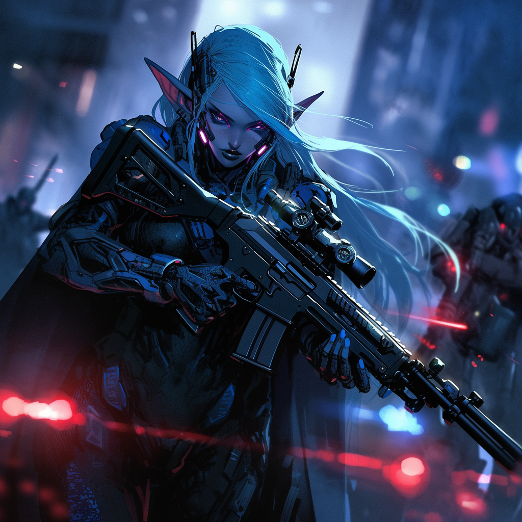 Elf sniper champion in grimdark futuristic setting