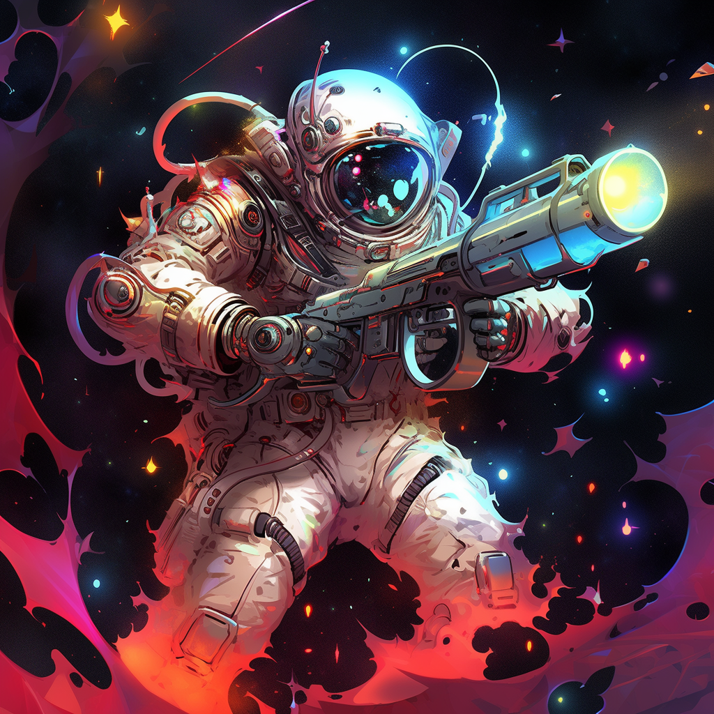 ominous astronaut wielding huge antimatter gun