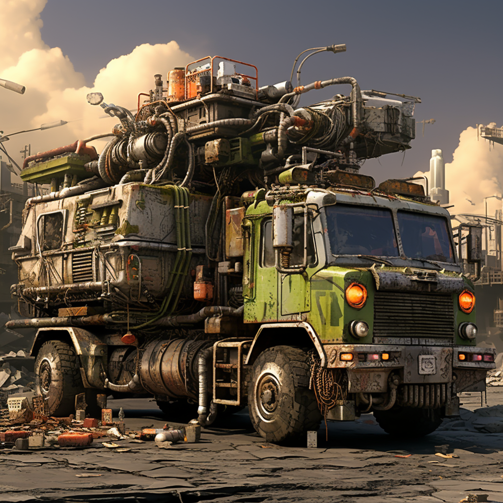 Industrial truck in post-apocalyptic wasteland