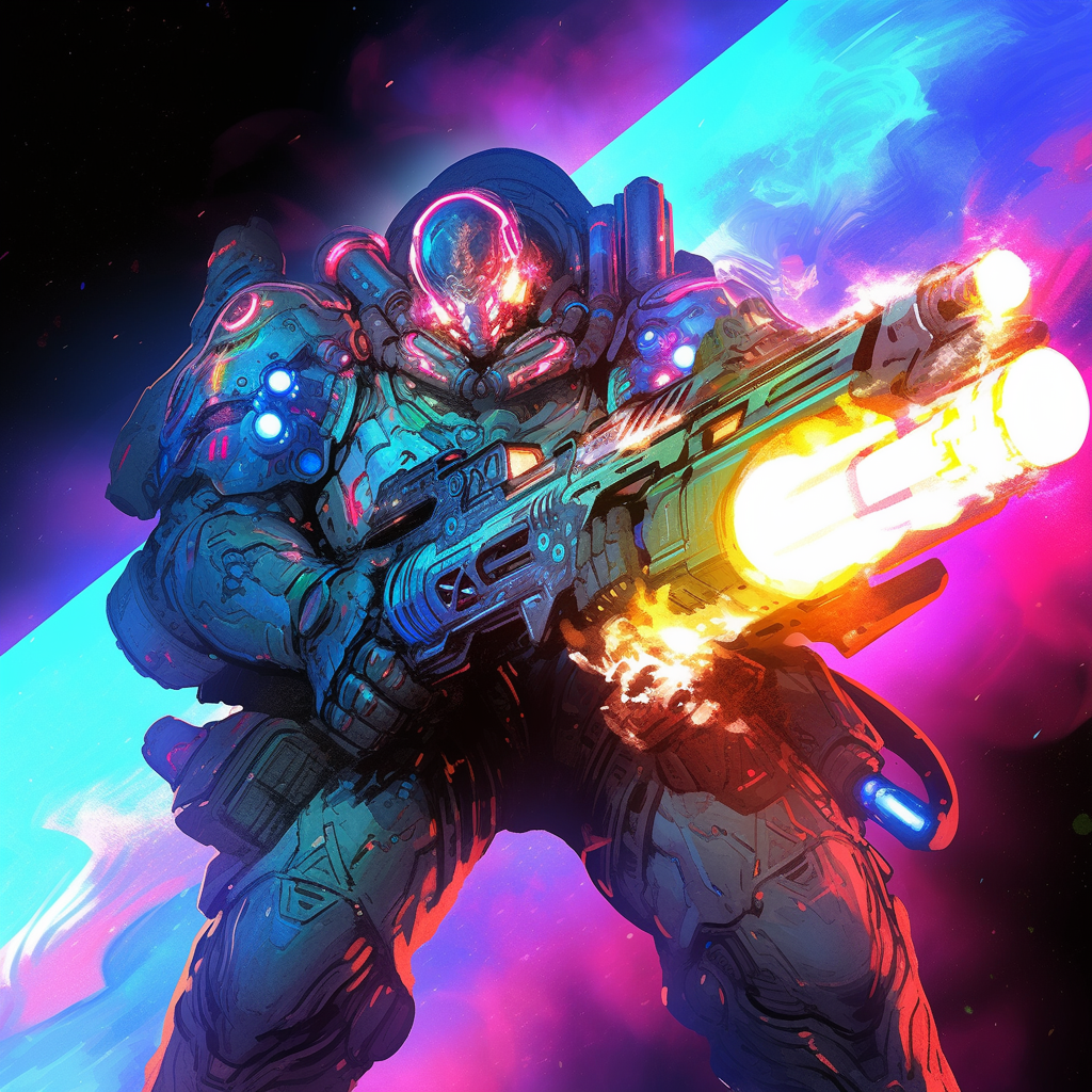 Futuristic astronaut wielding huge antimatter gun