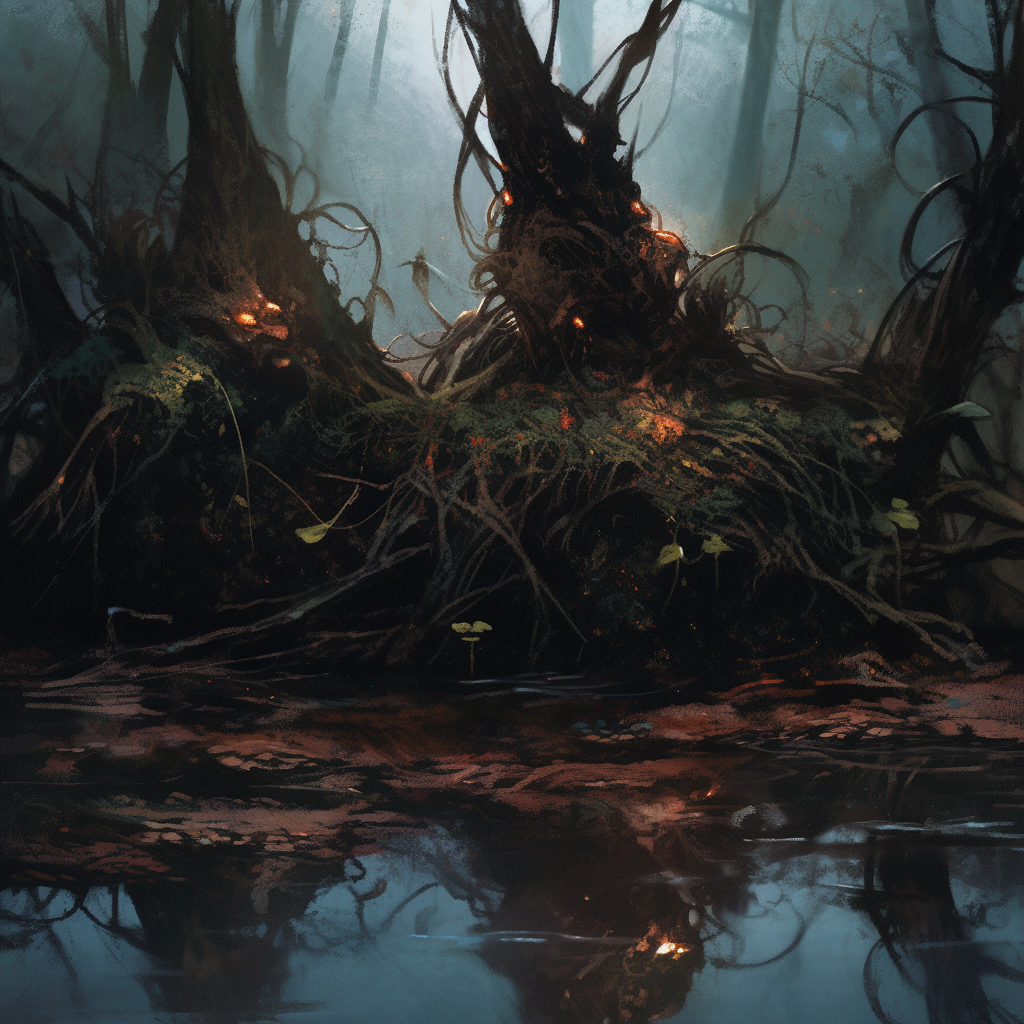 Close-up view of creepy swamp yokai