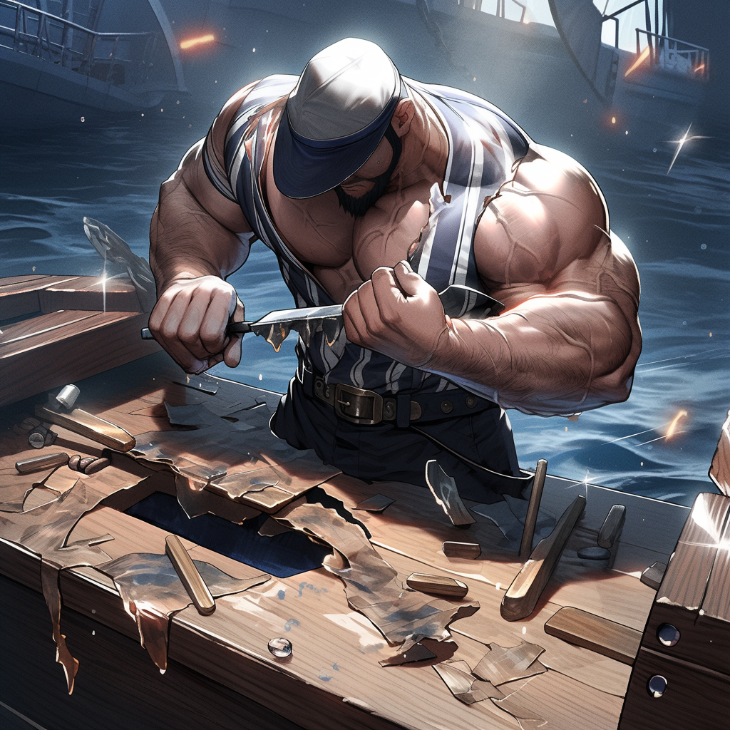 Sailor repairing deck in grimdark style