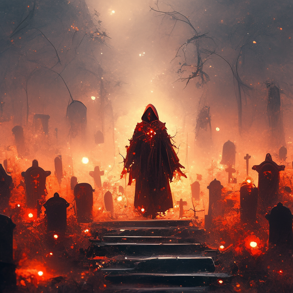 Sinister necromancer walking among tombstones artwork