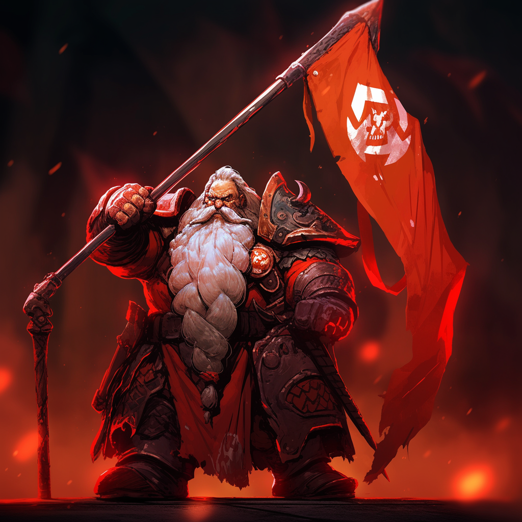 Image of a grimdark aetherpunk dwarf flag-waver champion