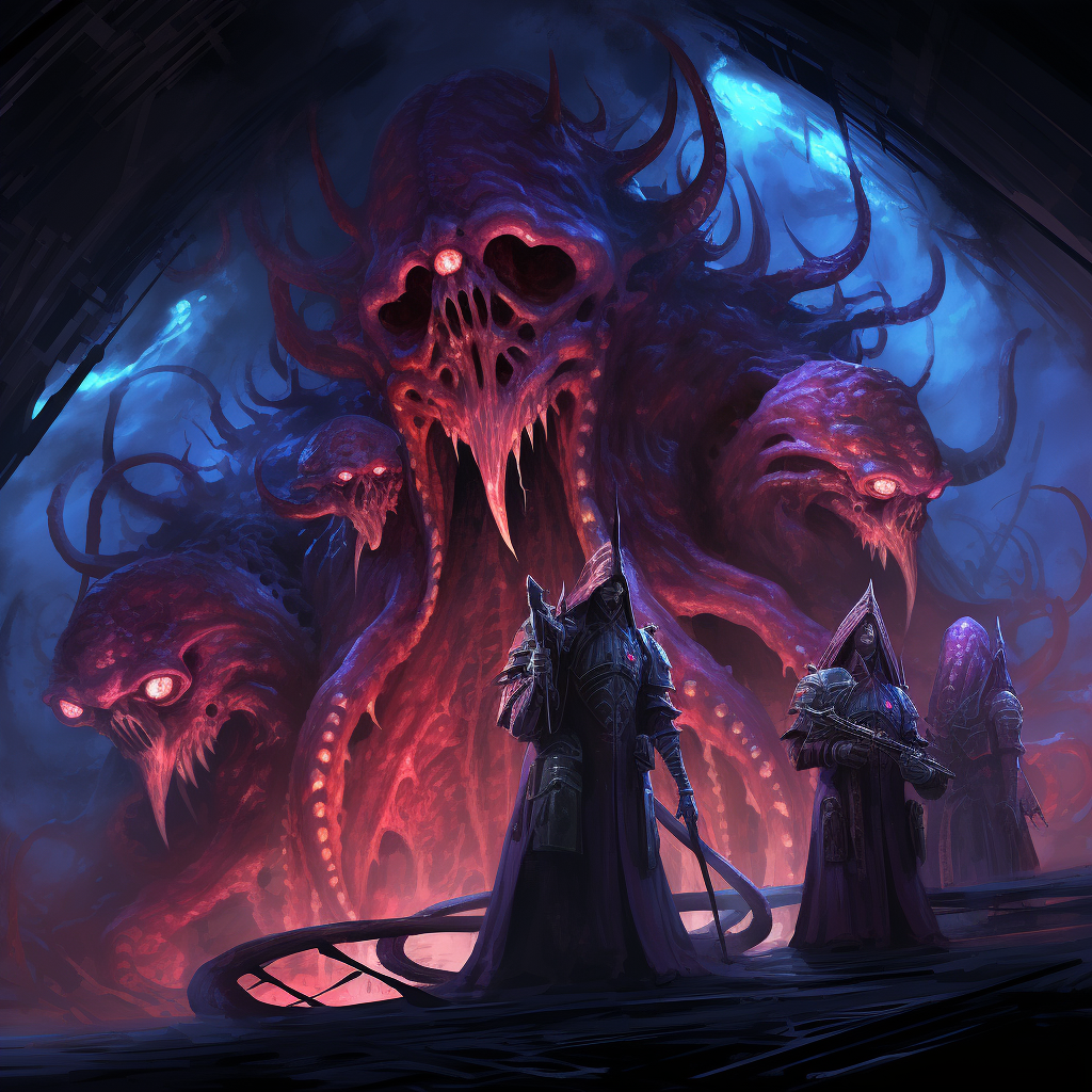 Horror fantasy artwork of grimdark cosmic eldritch squad