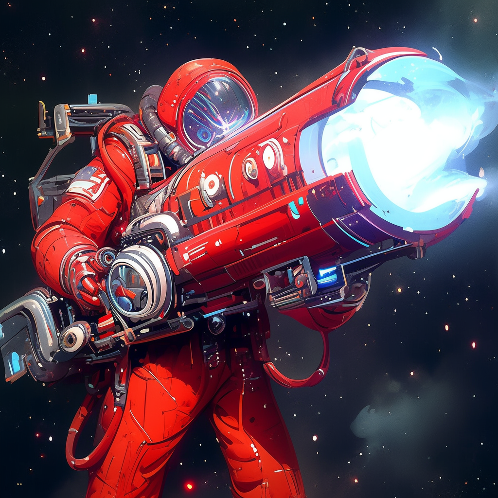 Cosmonaut wielding antimatter gun in grimdark sci-fi setting