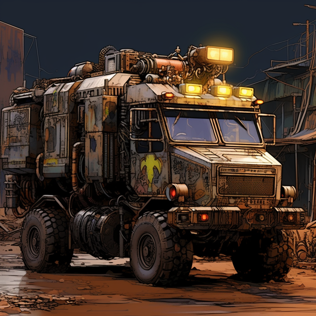 Grimdark futuristic post-apocalyptic wasteland truck