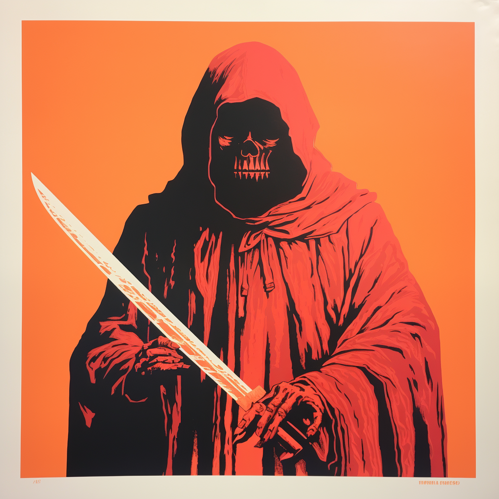 Grim Reaper in bold 1980s silkscreen propaganda