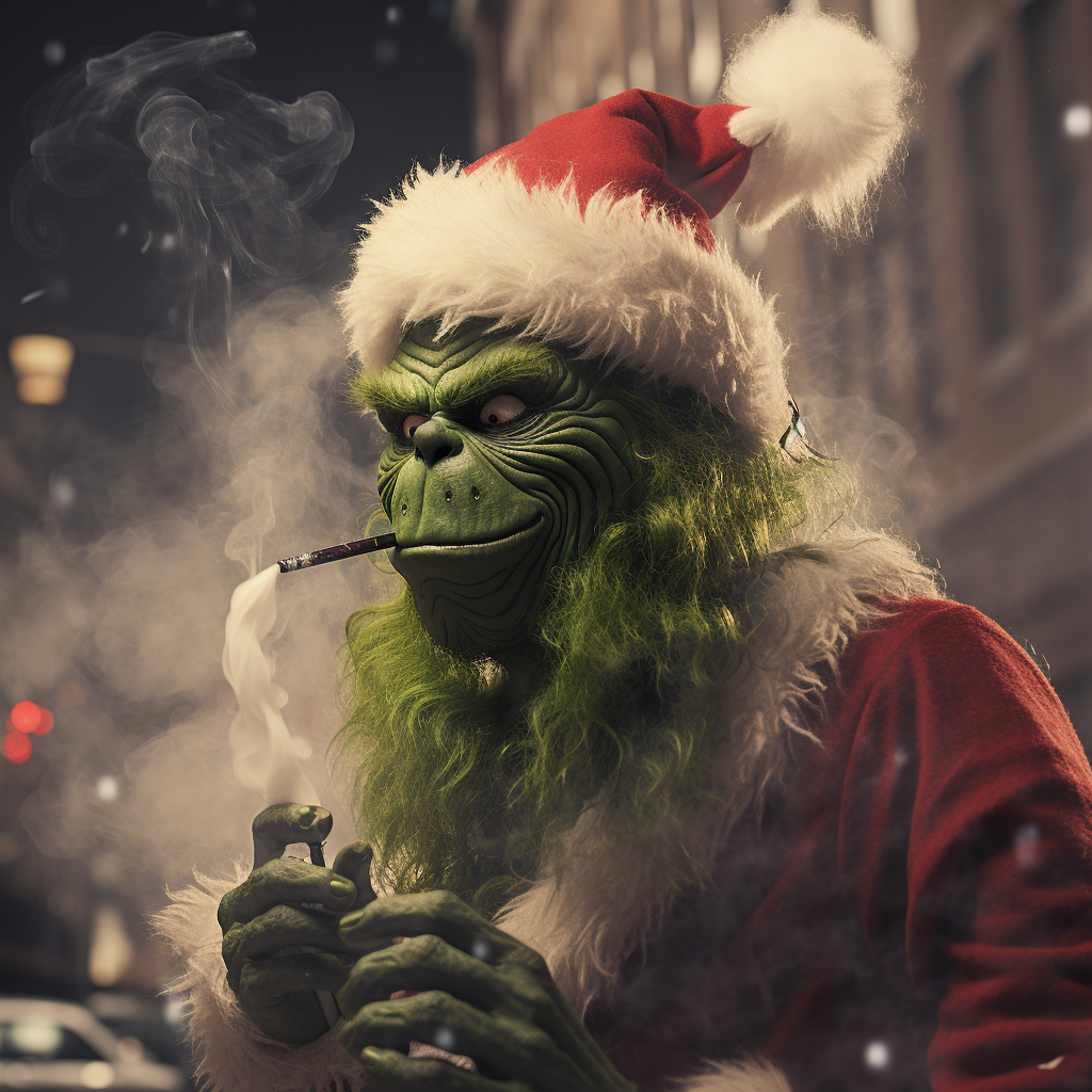 Image of the Grinch surrounded by CBD leaves and smoke clouds