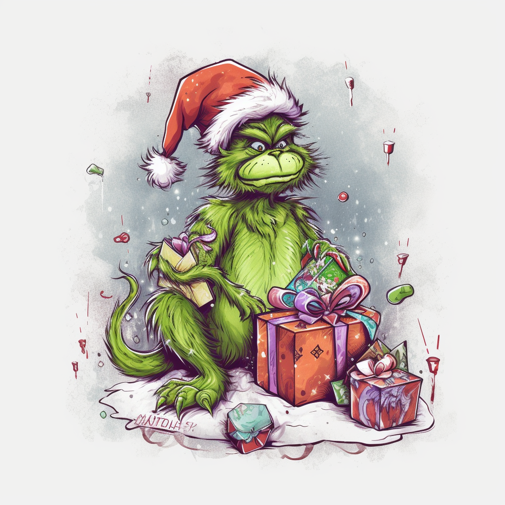 The Grinch with Christmas gifts on white background