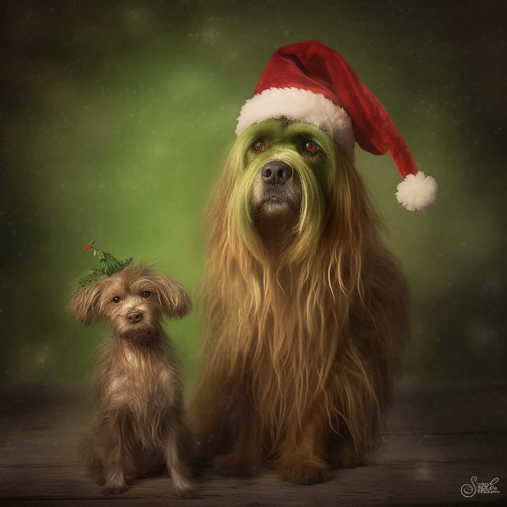 Cute Grinch with Dog in Christmas Background