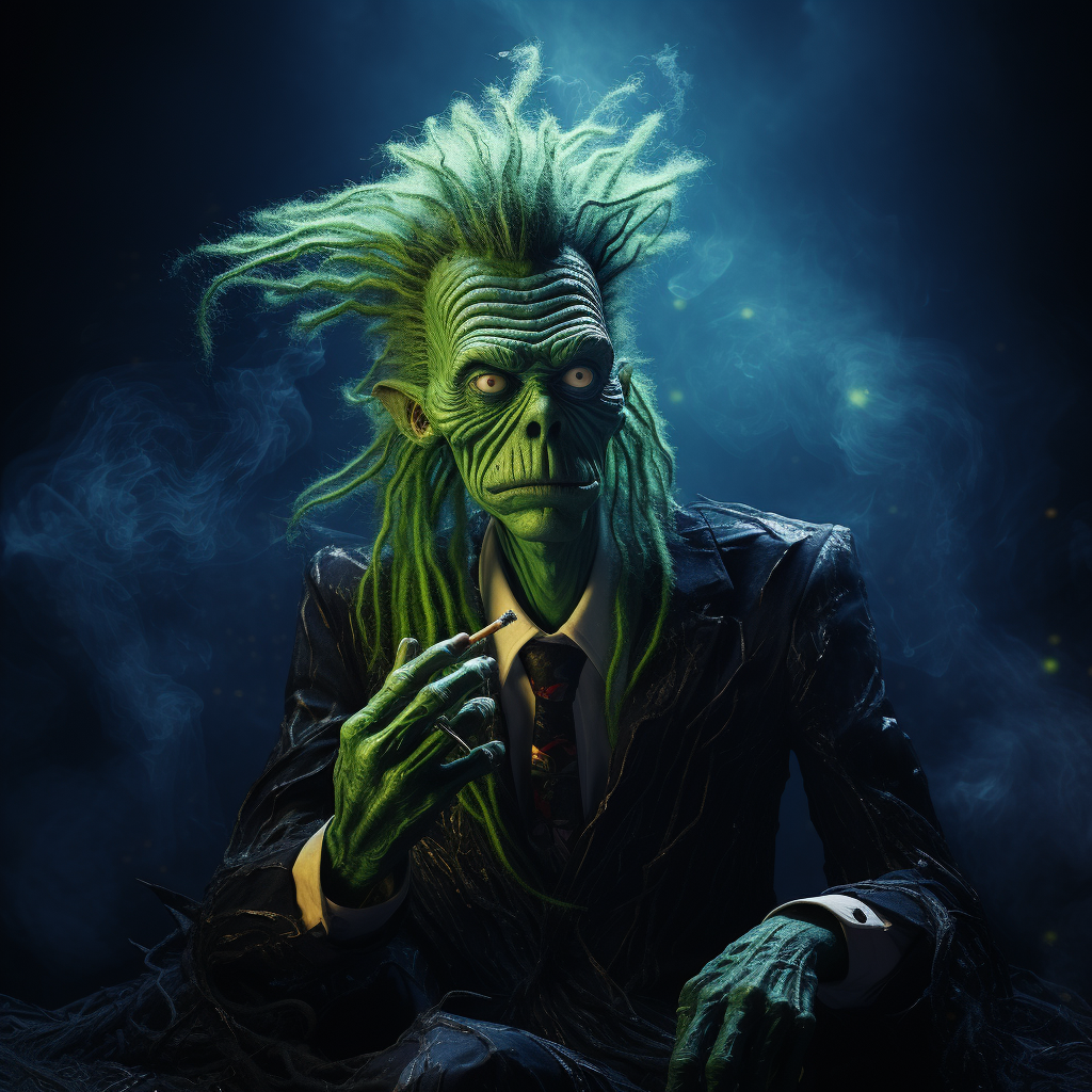 Grinch smoking pipe in black suit