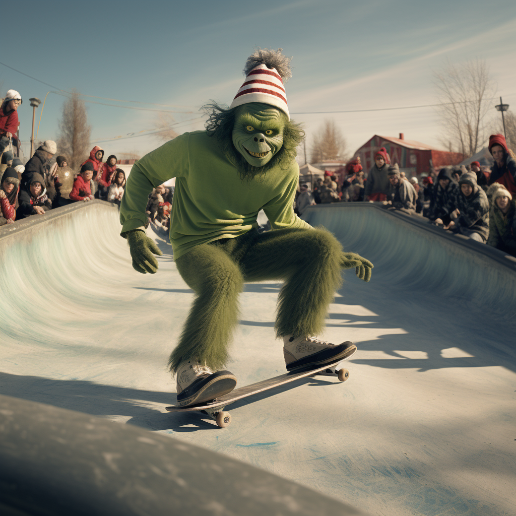 Grinch skateboarding in vans with grainy texture