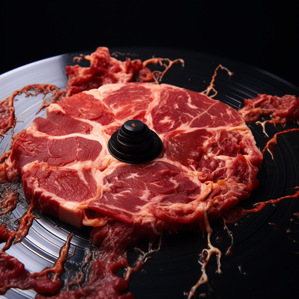 Gringed red meat inside black vinyl record