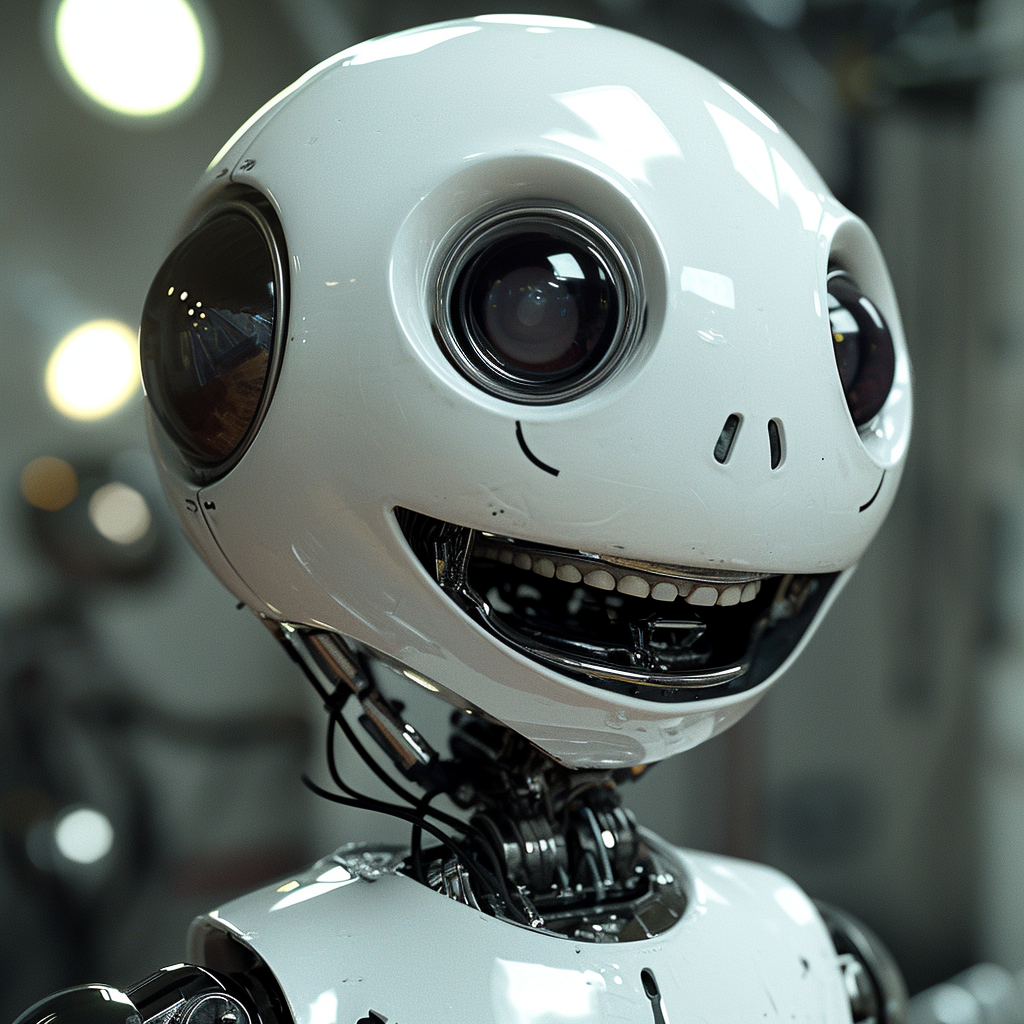 Hyper-realistic grinning android with wide eyes and smile