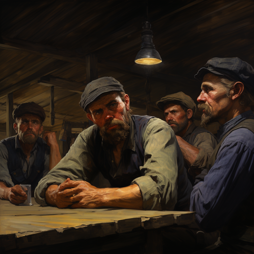 Group of weary miners displaying emotions