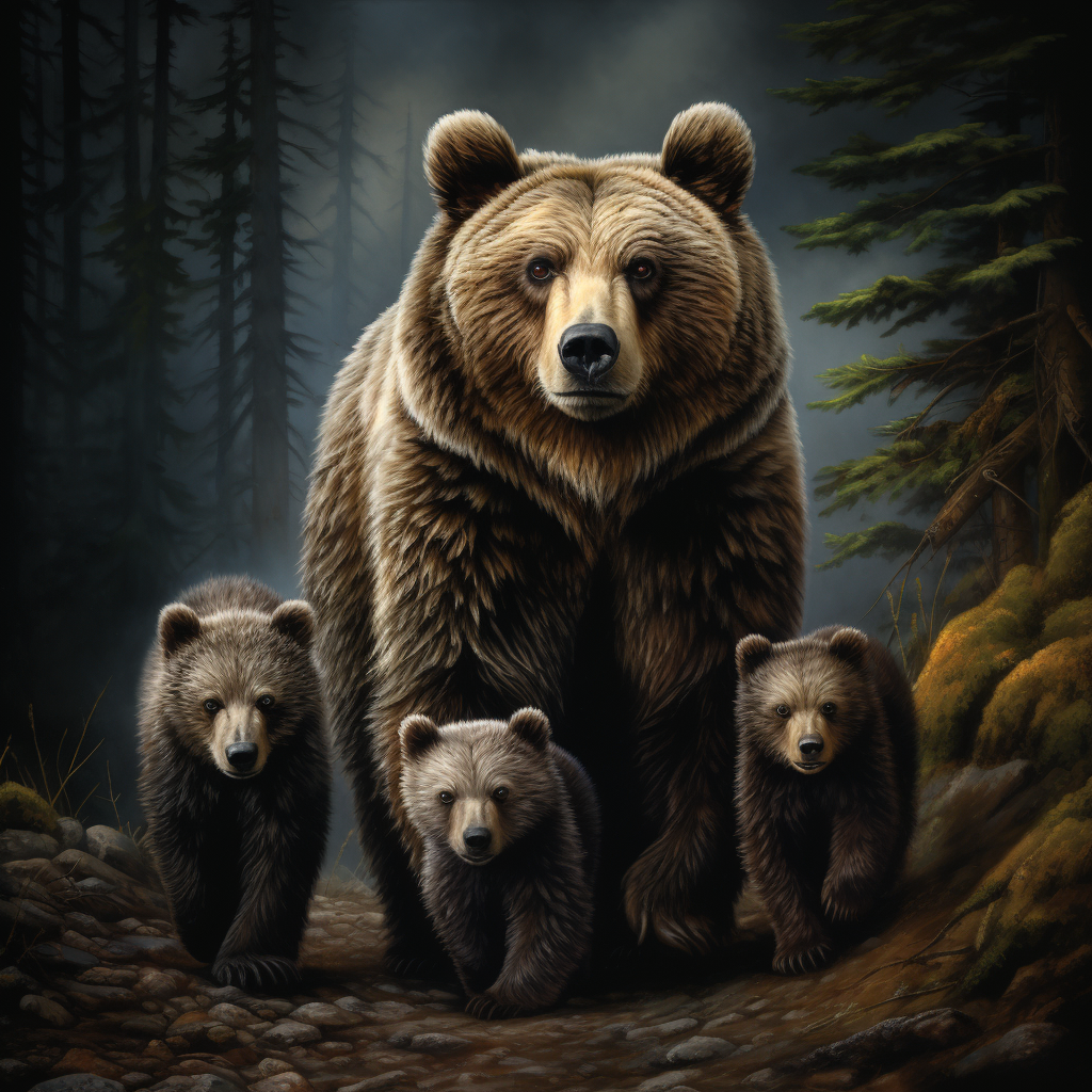 Friendly grizzly bear mother with cubs