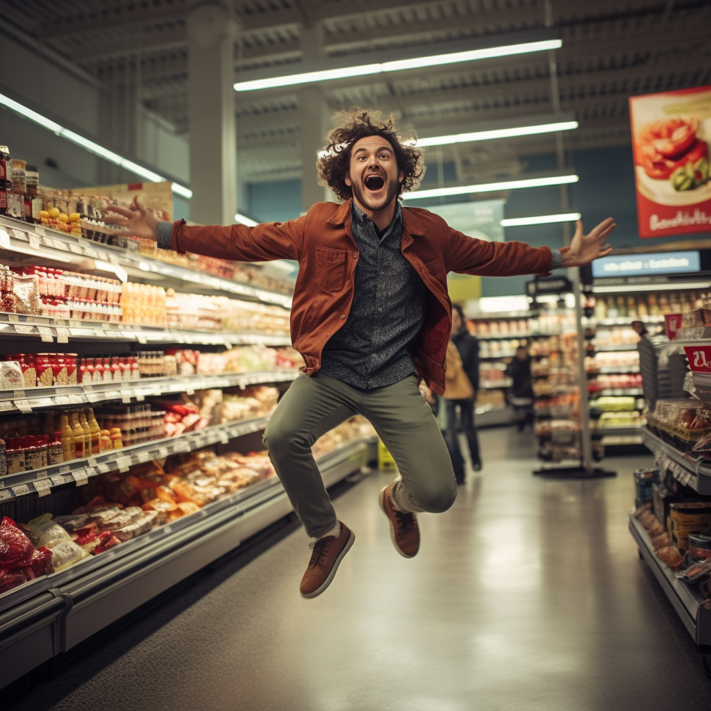 Person dancing in a grocery store.