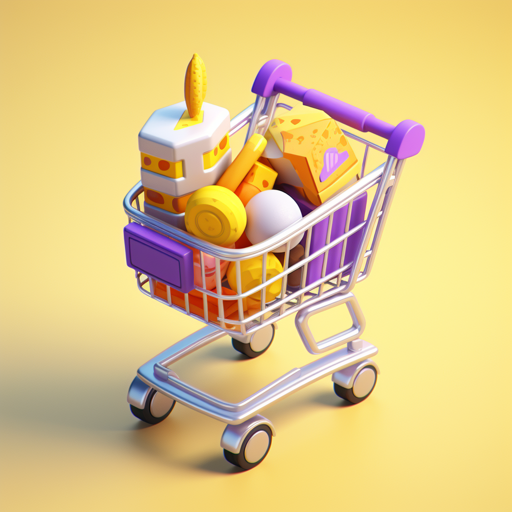 Illustrative grocery shopping icon with purple and yellow accents