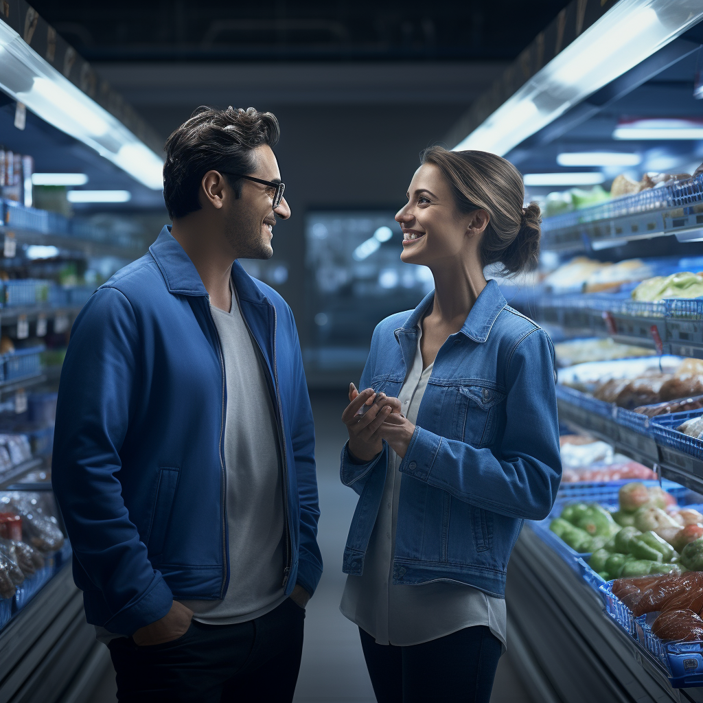 Couple conversing in grocery store aisle