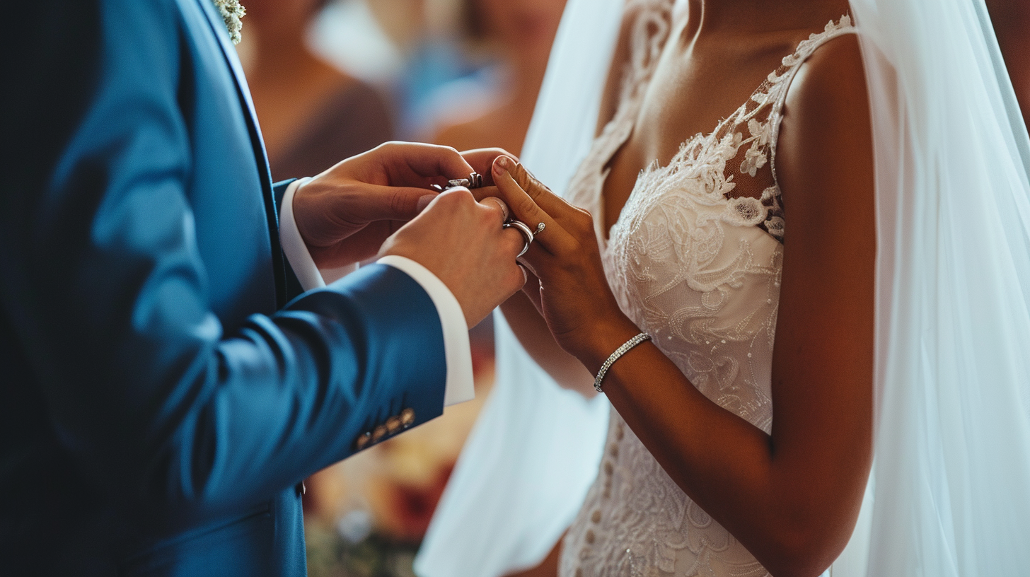 Groom putting wedding ring on bride's finger