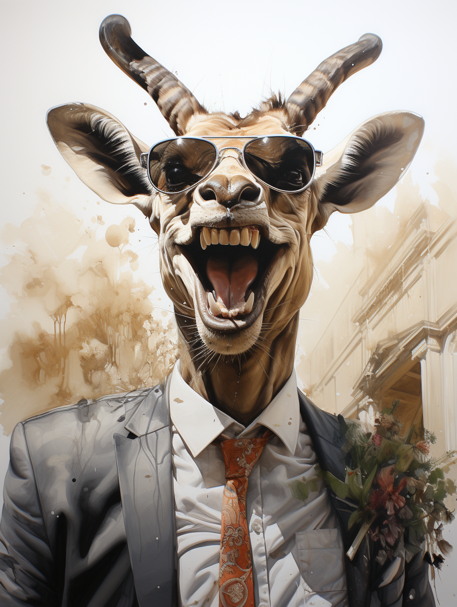 Smiling giraffe wearing sunglasses in groom's suit