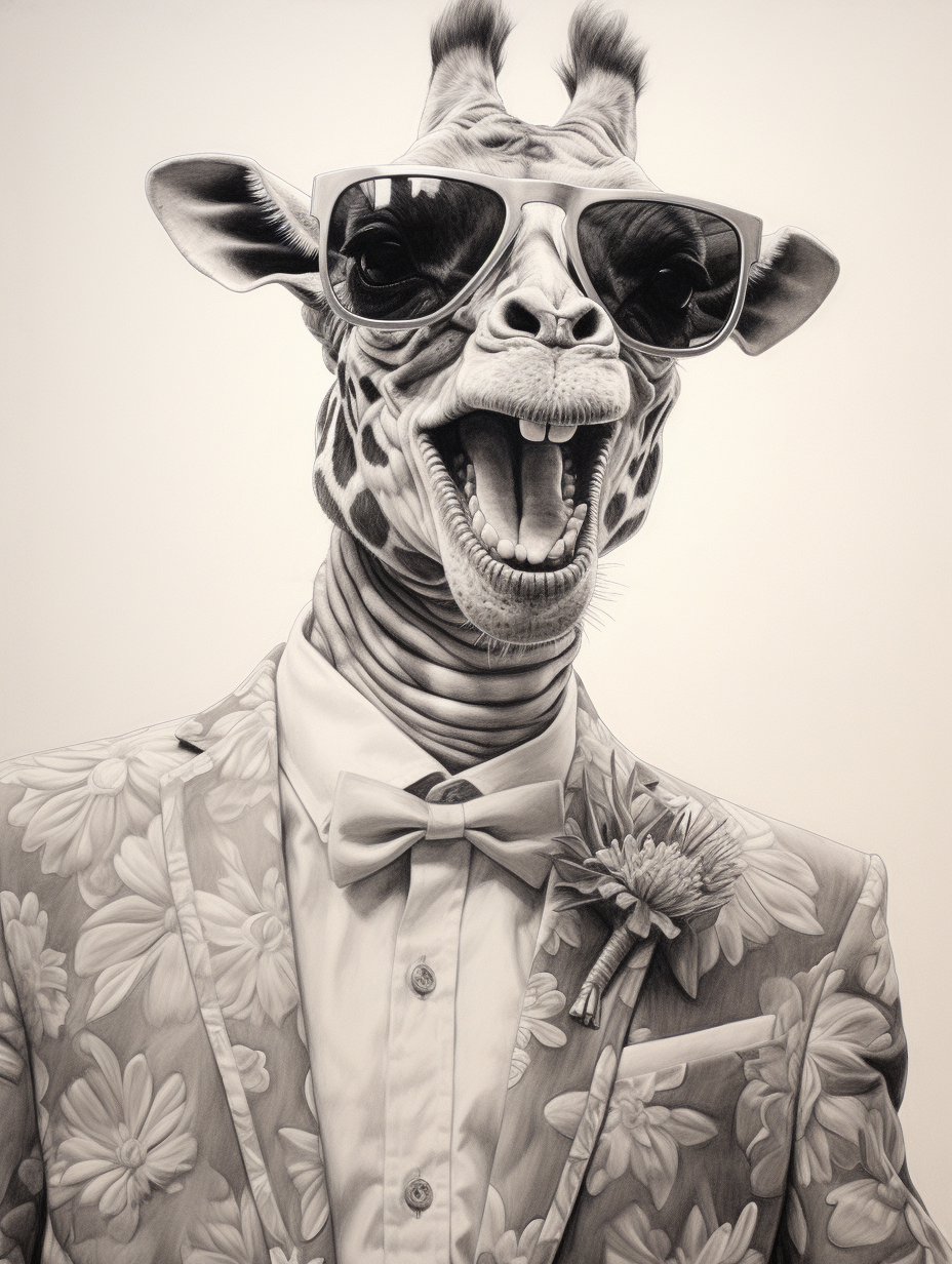 Smiling giraffe in groom's suit with sunglasses