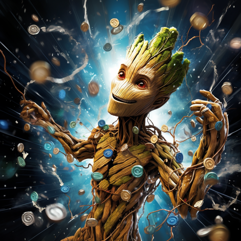 Groot breaking chains in colorful rain