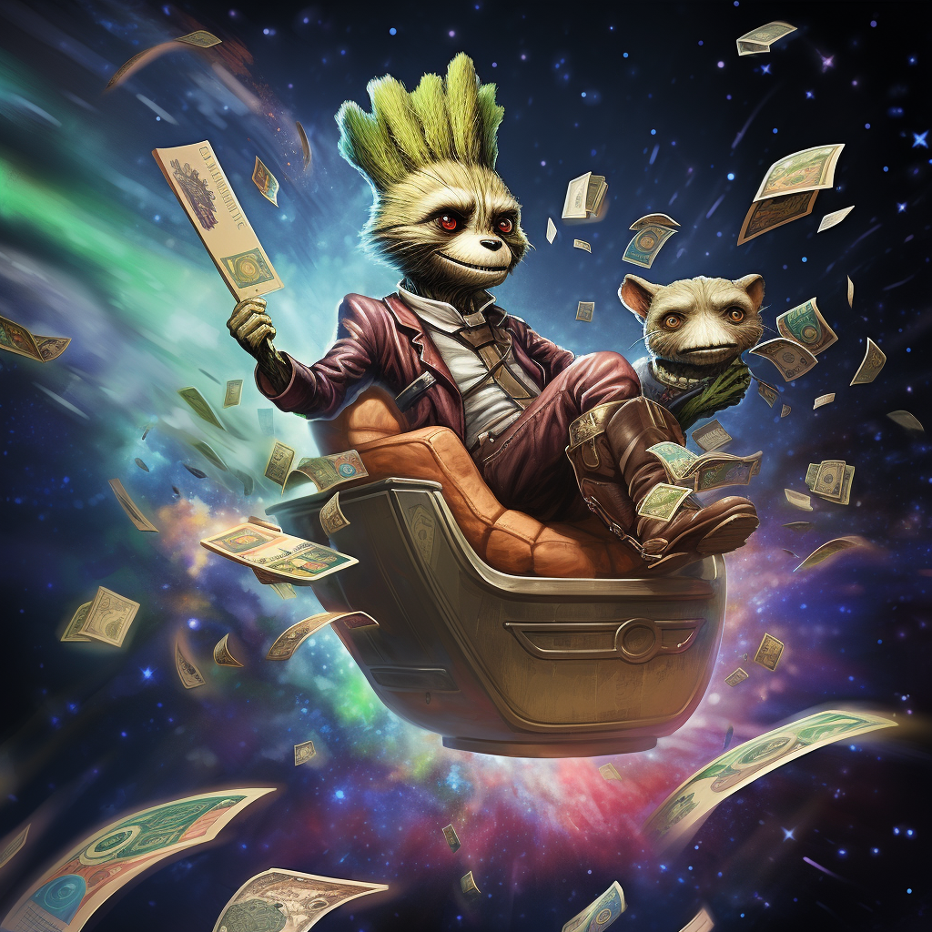 Groot riding whale in space